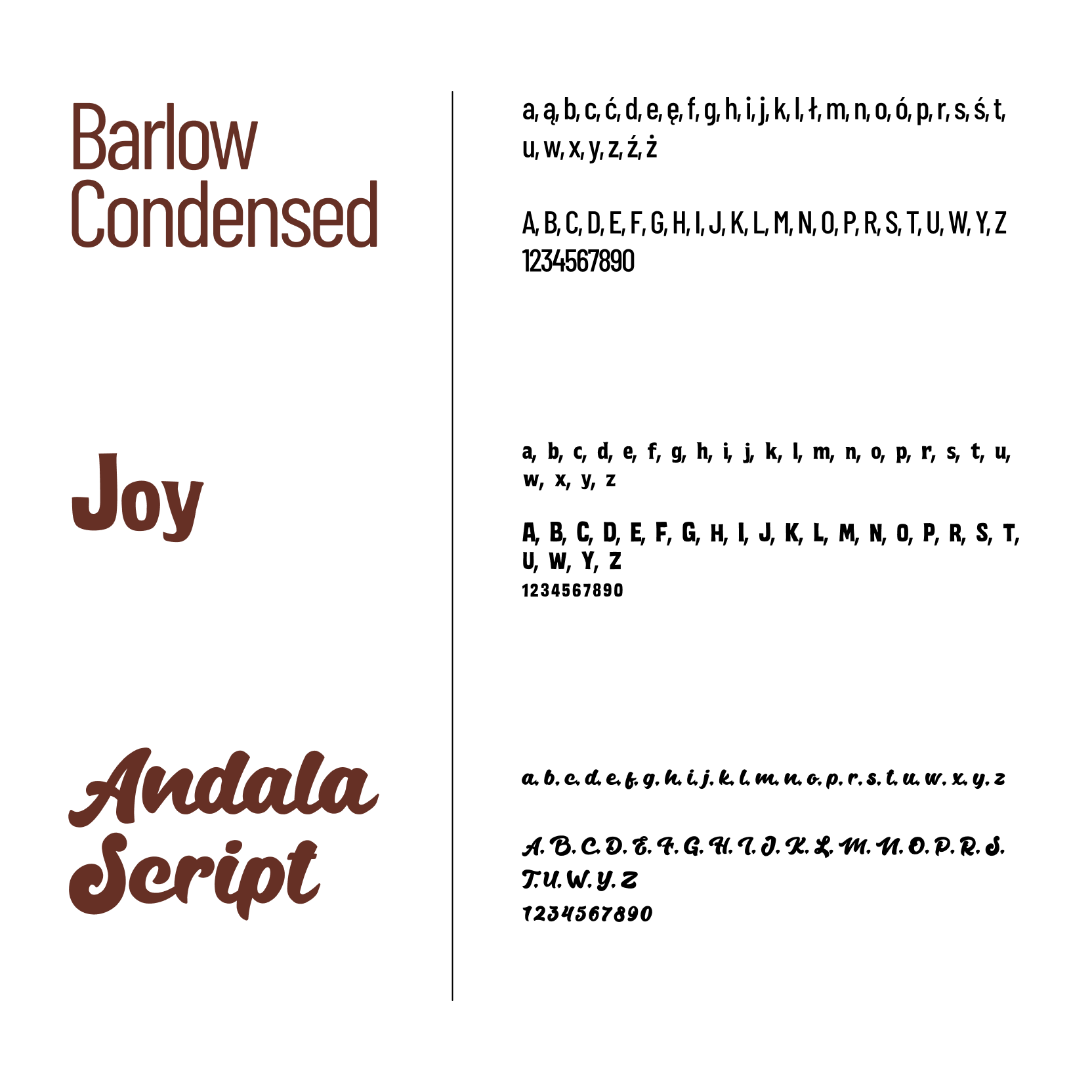 ZAPIETTA — system typograficzny, Barlow Condensed, Joy i Andala Script